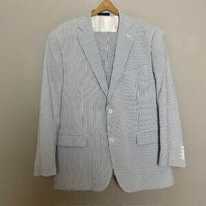 Vinci Seersucker Suit Mens Blue White Stripe 2Pc Blazer Pants Italian Style 44R